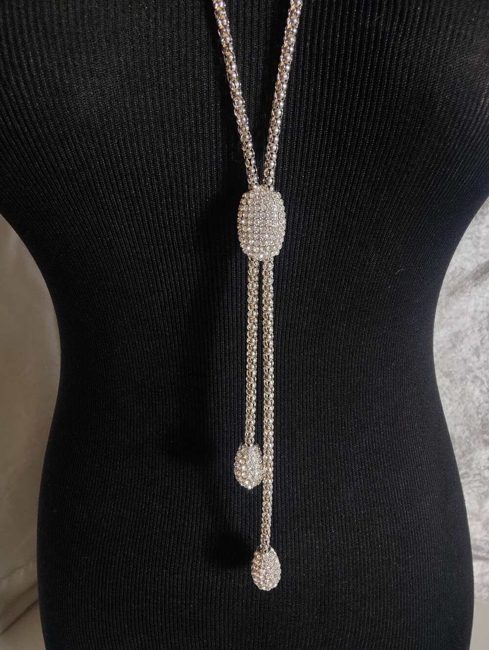 Chico's Rhinestone Y Drop Lariat Necklace Silver Tone Long Sparkly Statement